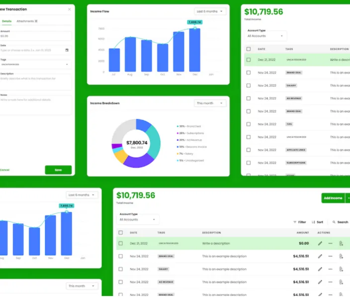 Charts showing the breakdown of a creator's income in Beacons Income Dashboard.