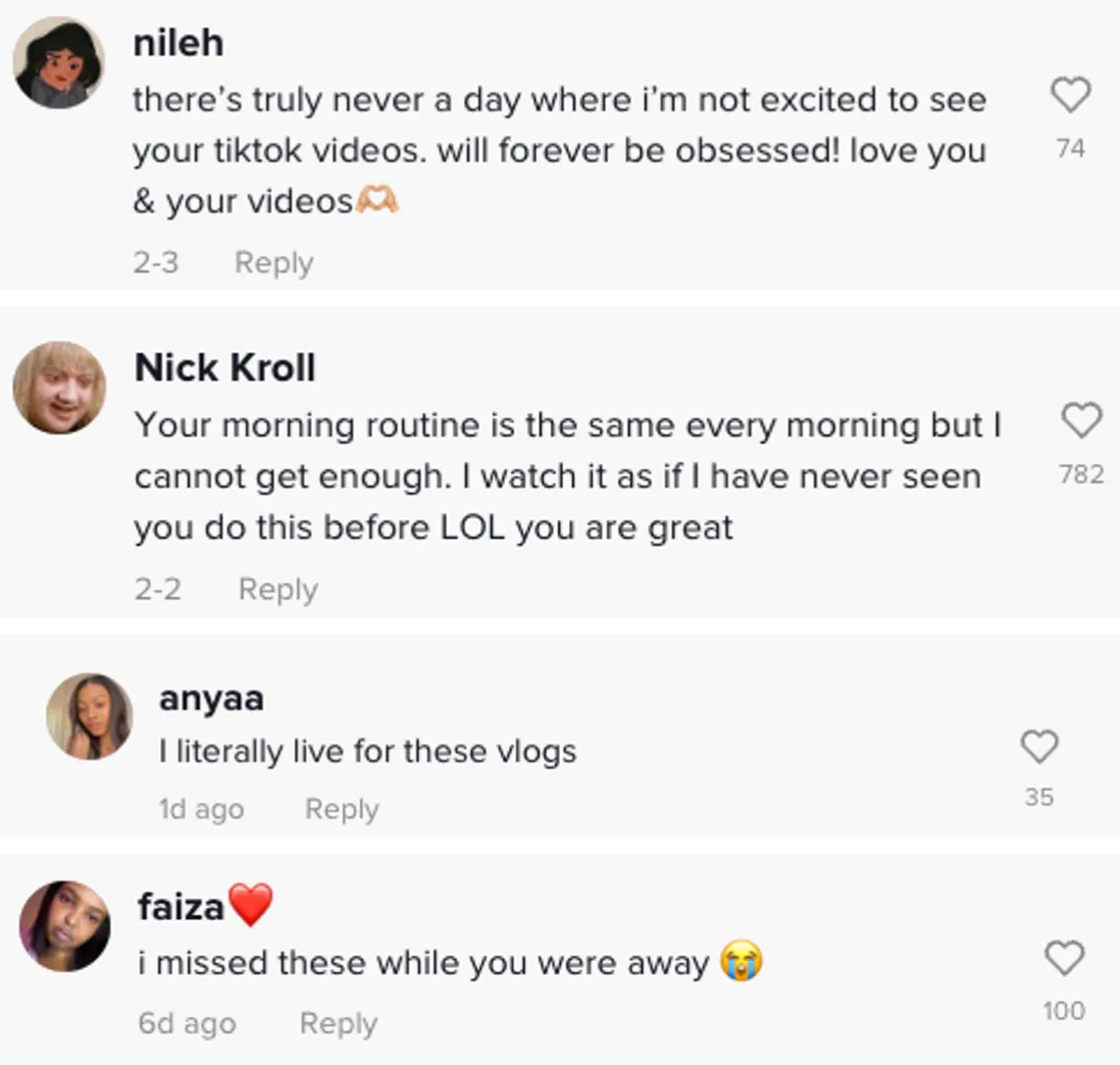 A compilation of TikTok comments on creator Claudia Walsh's videos.