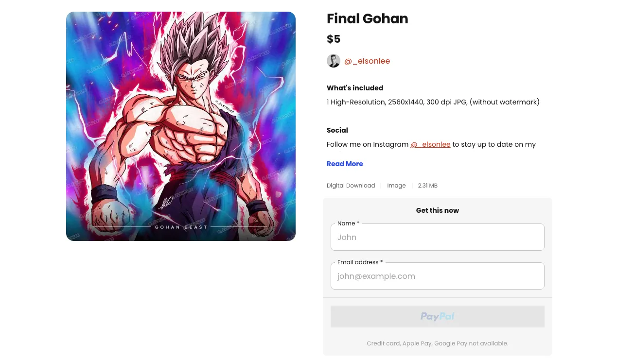 Product page for digital print in a Beacons Store