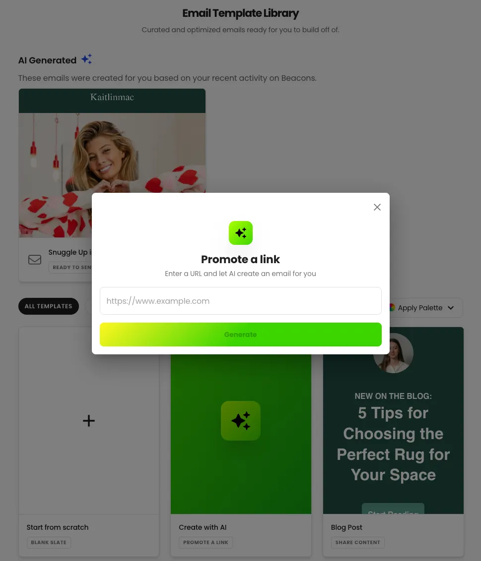 Beacons new AI Email Builder interface, where you can put in a link to build an email from scratch to market your online course and drive sales.