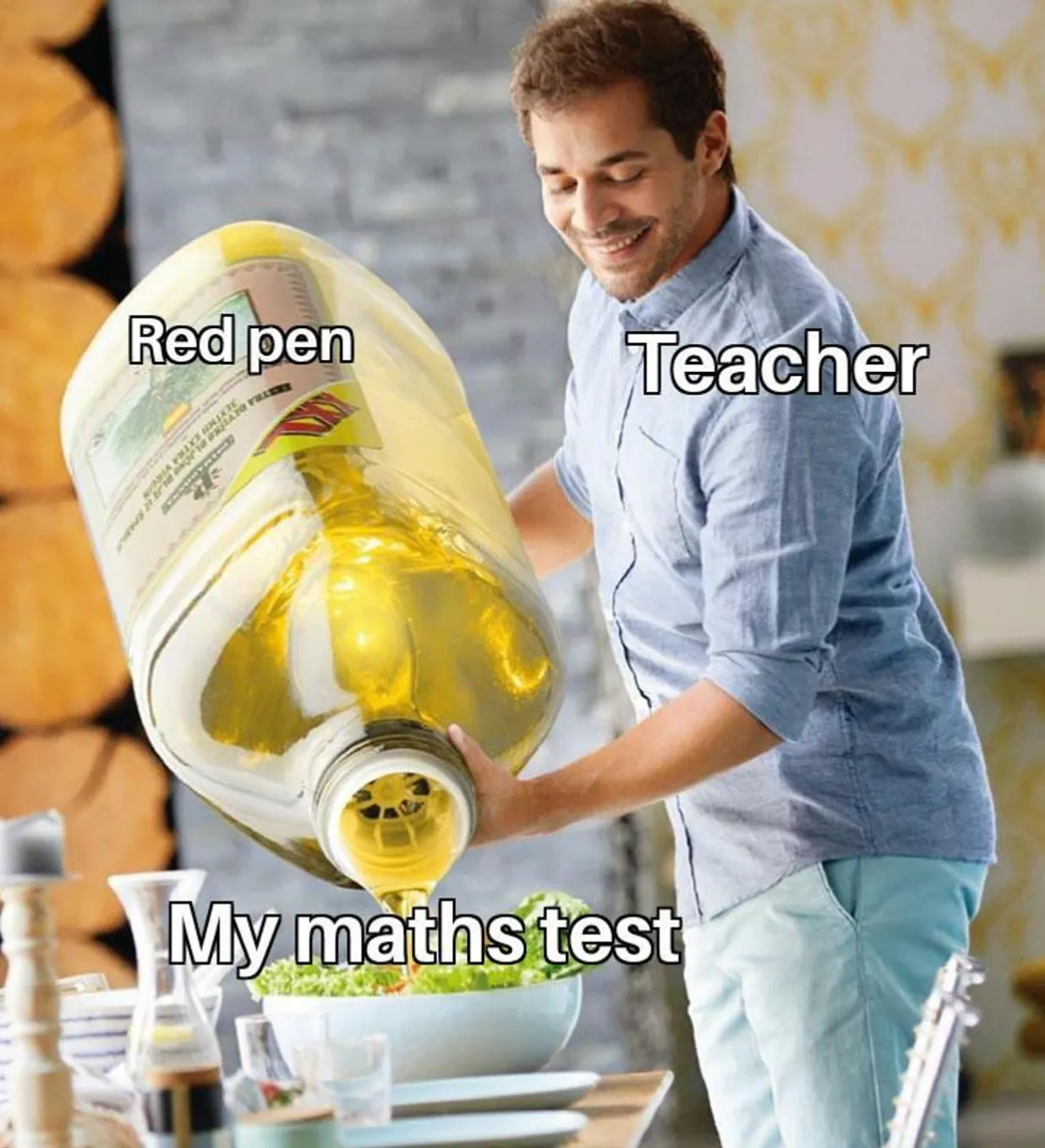 A meme of a man with the label "me" pouring a large container of olive oil labeled "red pen" on a salad labeled "math test."