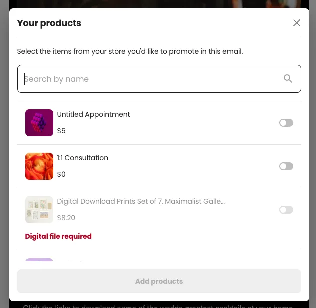 Beacons Email Marketing interface where you can easily pull in details on your Beacons Store items.