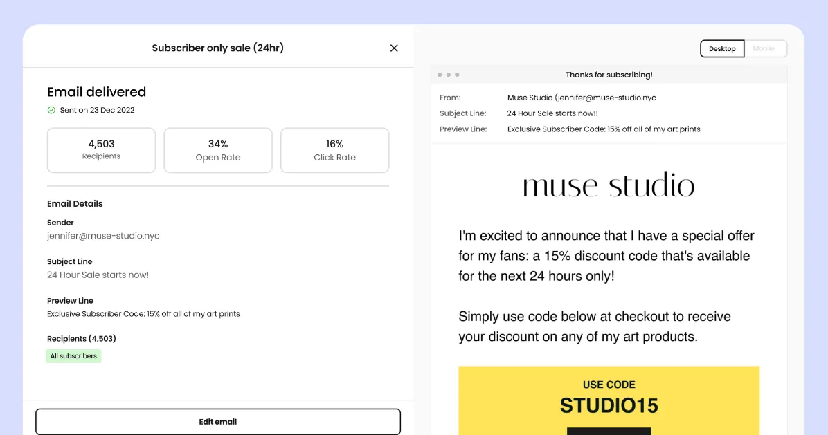 Beacons Email Marketing post-send dashboard, showing email engagement statistics.