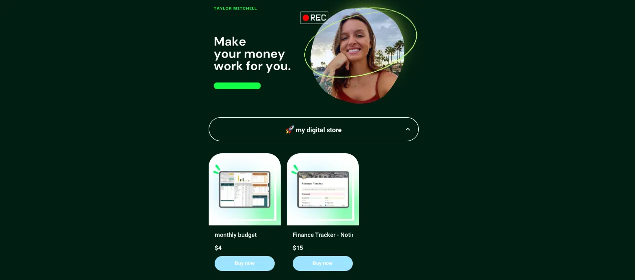 Templates for sale in a personal finance creator's Beacons Store
