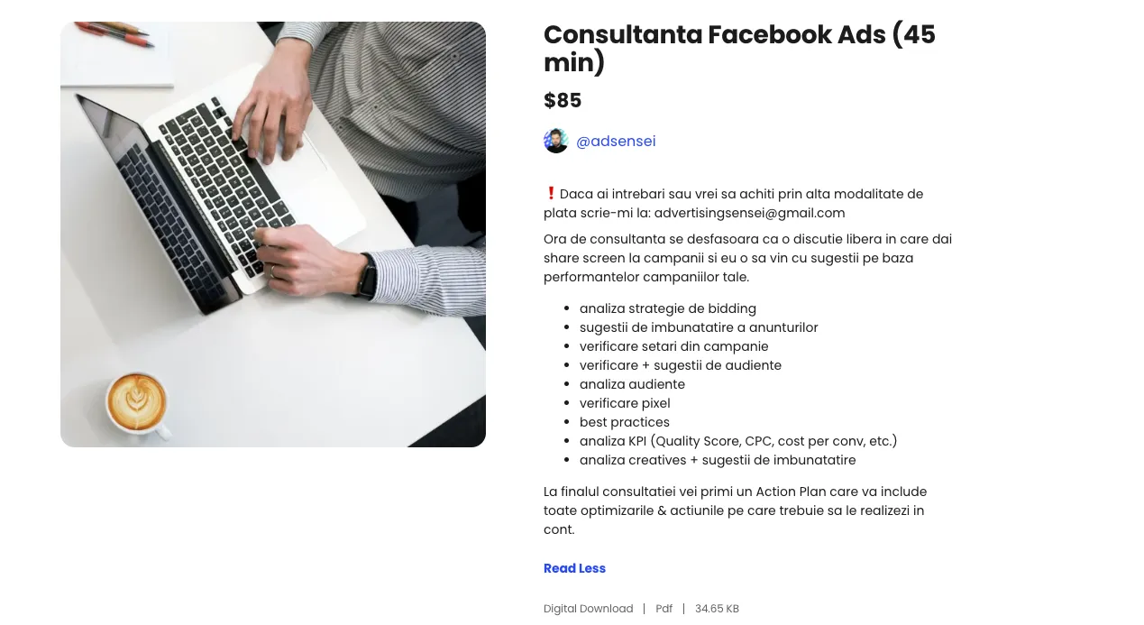 Facebook Ad consultation session product page on a Beacons Store