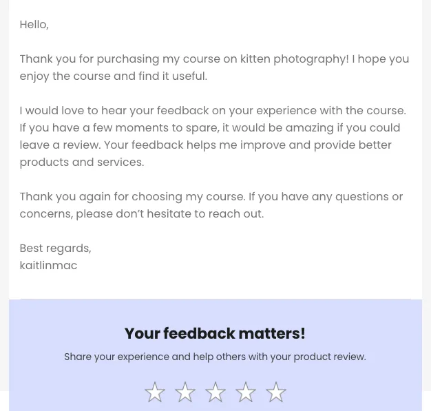 Screenshot of Beacons follow up email, which is sent automatically to buyers on Beacons Store and asks buyers for reviews.r