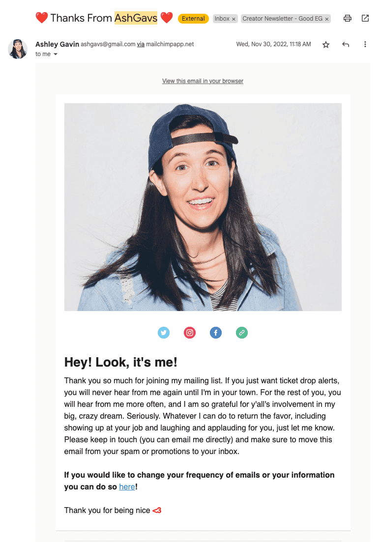 A welcome email from comedian Ashley Gavin with a headshot photo and personalized message.