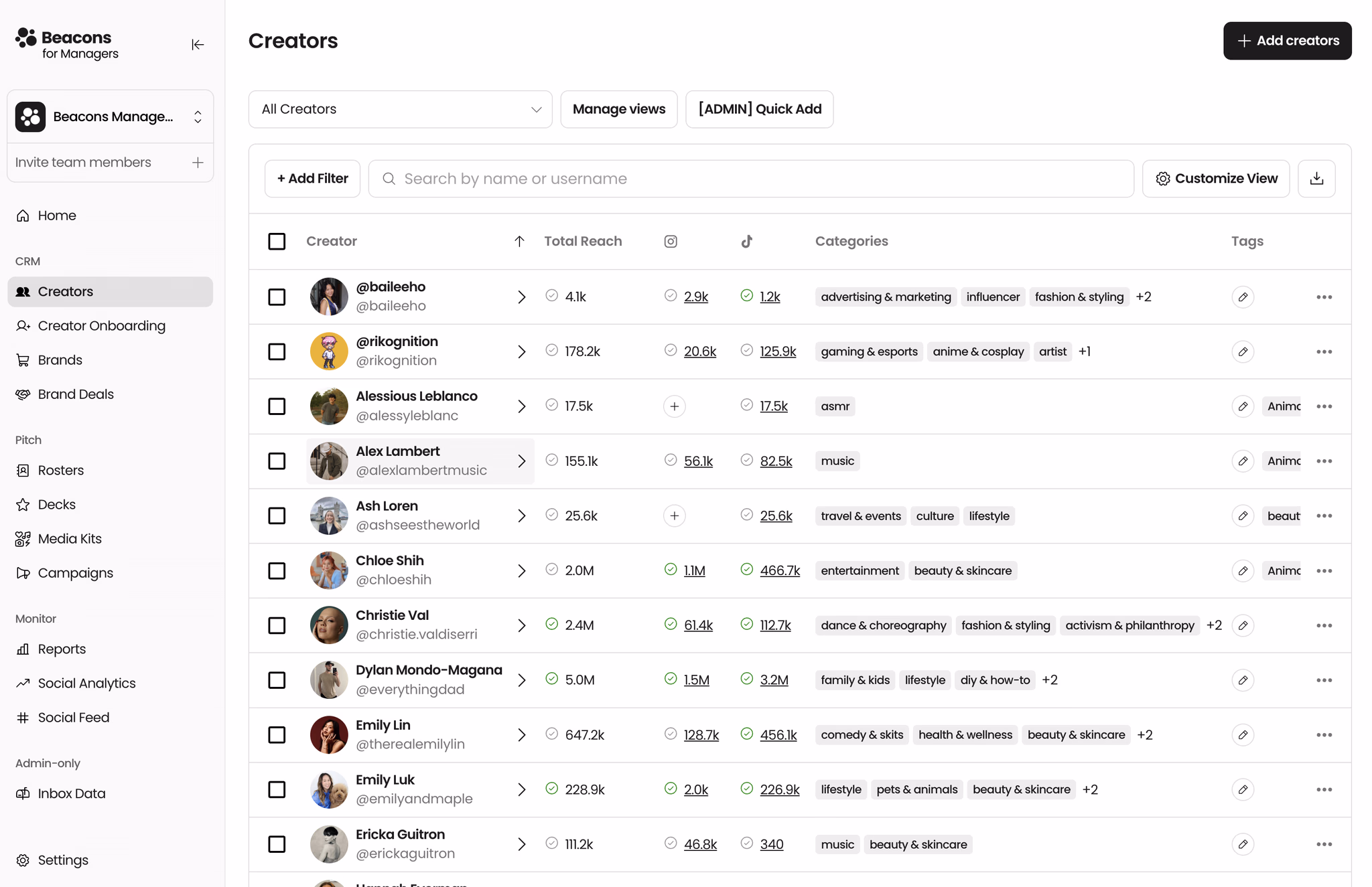 Creator Management Tools for Talent Managers | Beacons