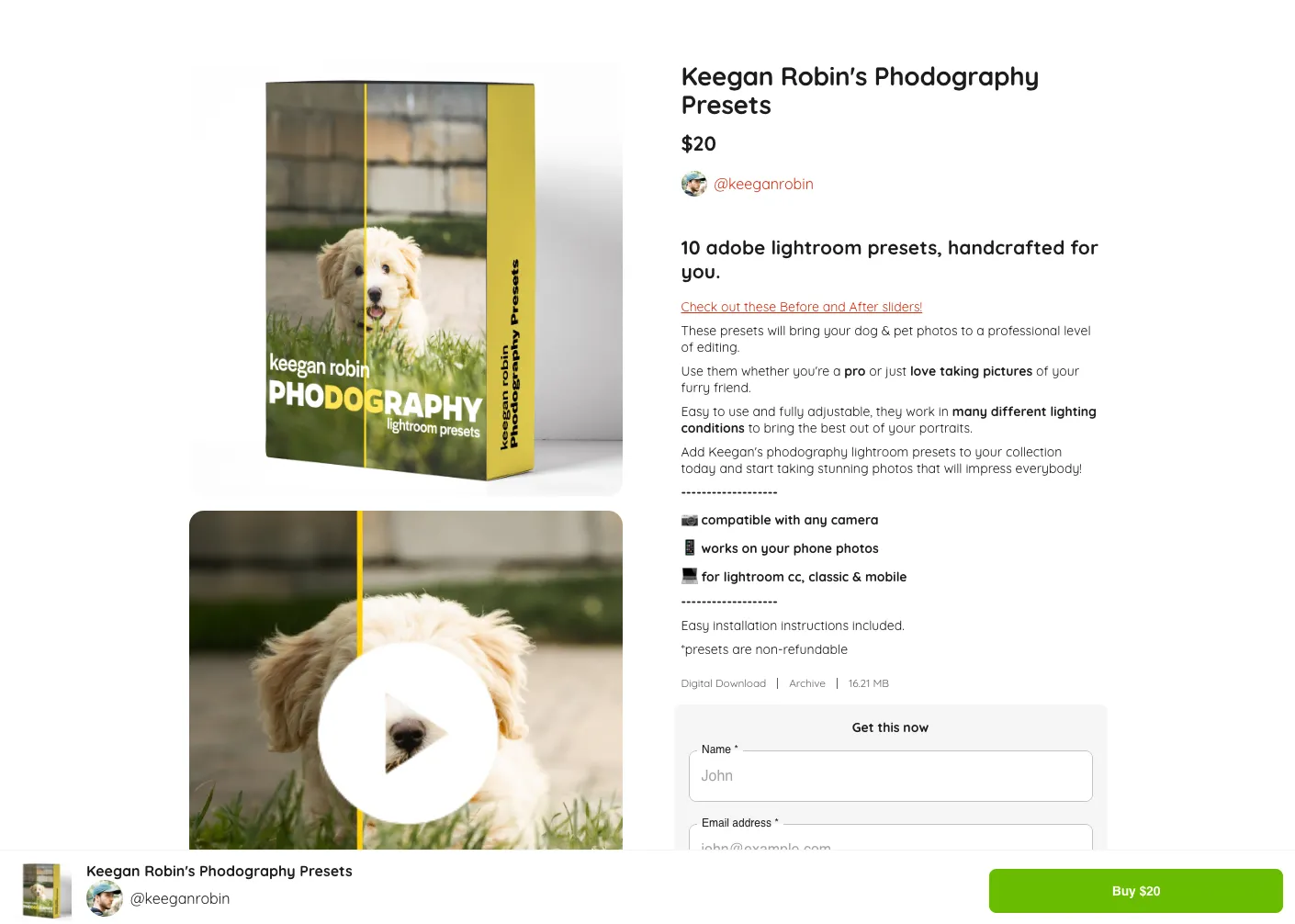 Product page for Adobe Lightroom Presets