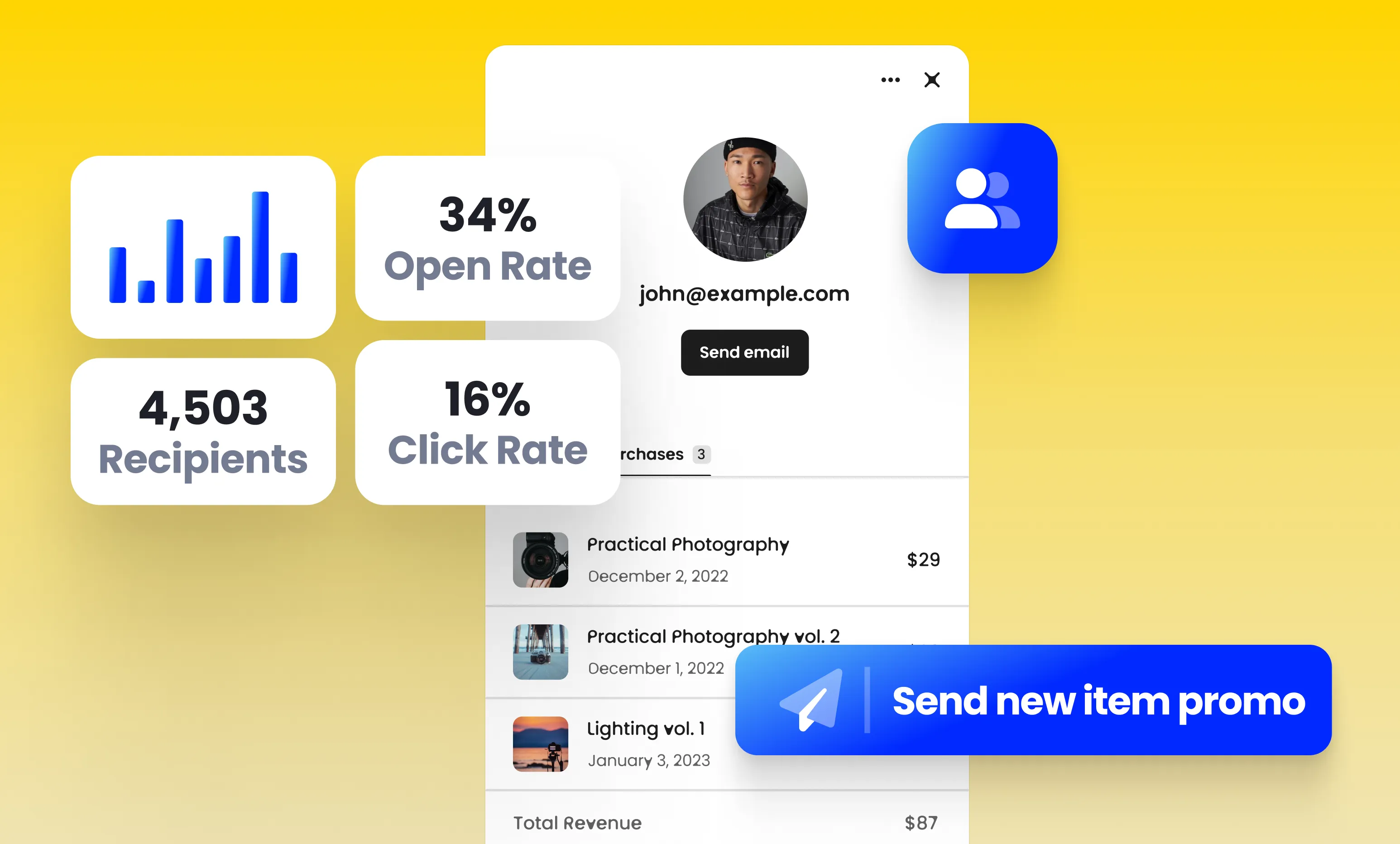Beacons Email Marketing interface showing email engagement statistics and a follow up email to buyers.