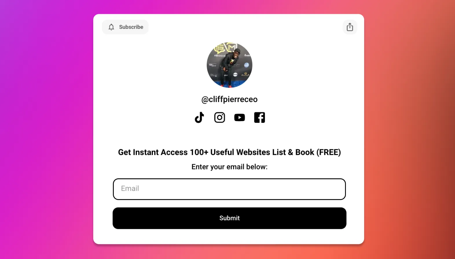 Example of a lead magnet on a Link in Bio offering a list and book for free by signing up for email.