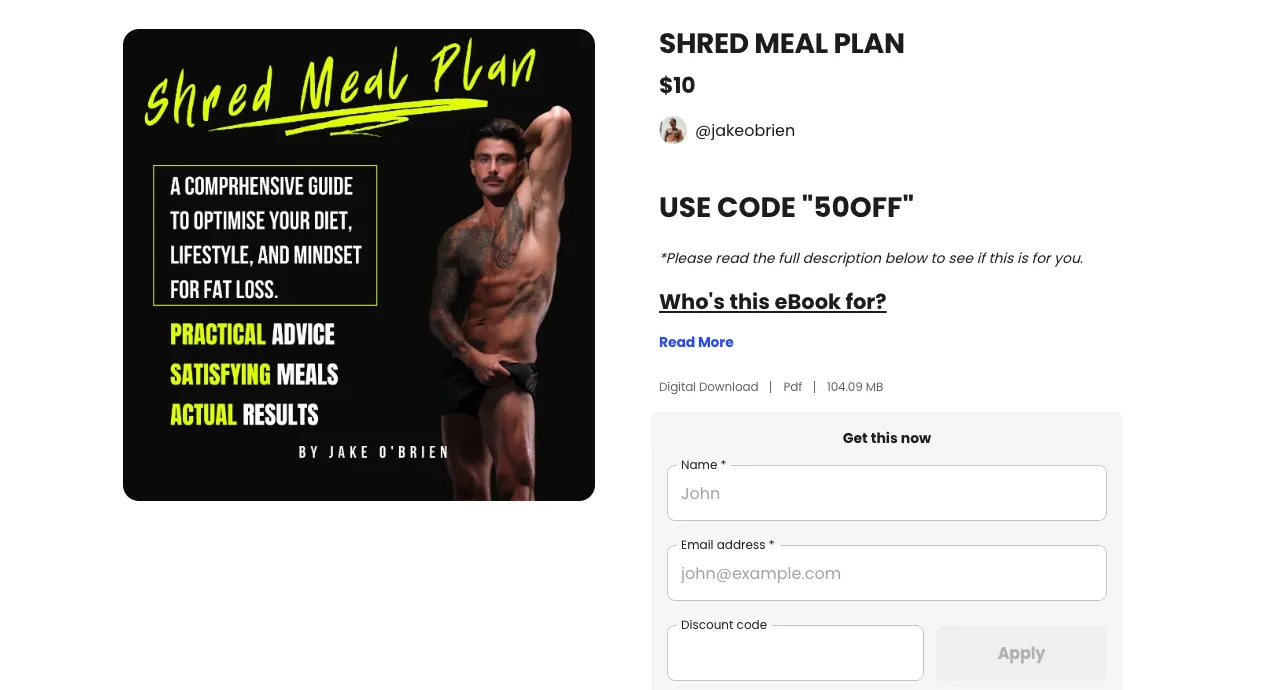 Meal plan product page on a Beacons Store