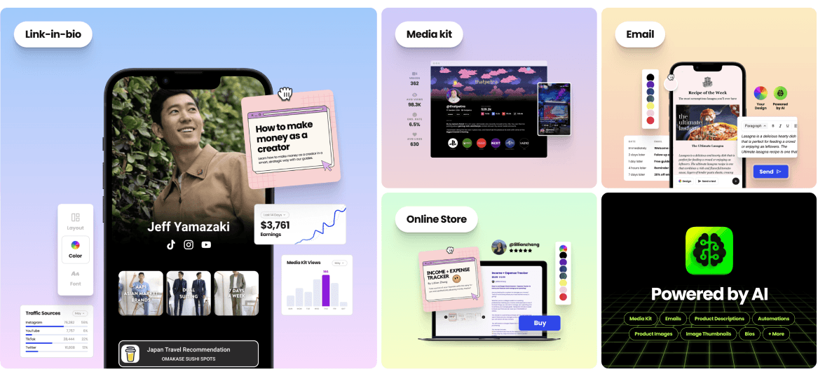 Beacons 2.0 toolstack for creators: Link in Bio, Media Kit, Online Store, and Email Marketing, all powered by AI.
