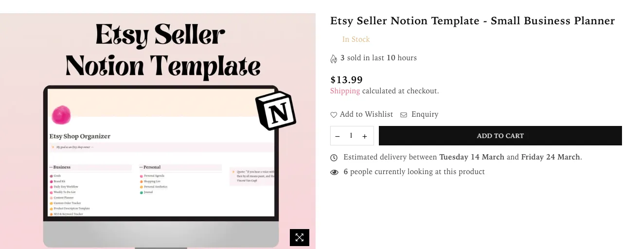 Etsy seller Notion template
