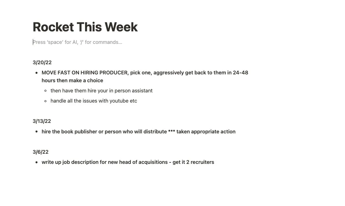 Document showing Codie Sanchez's productive tasks each week.