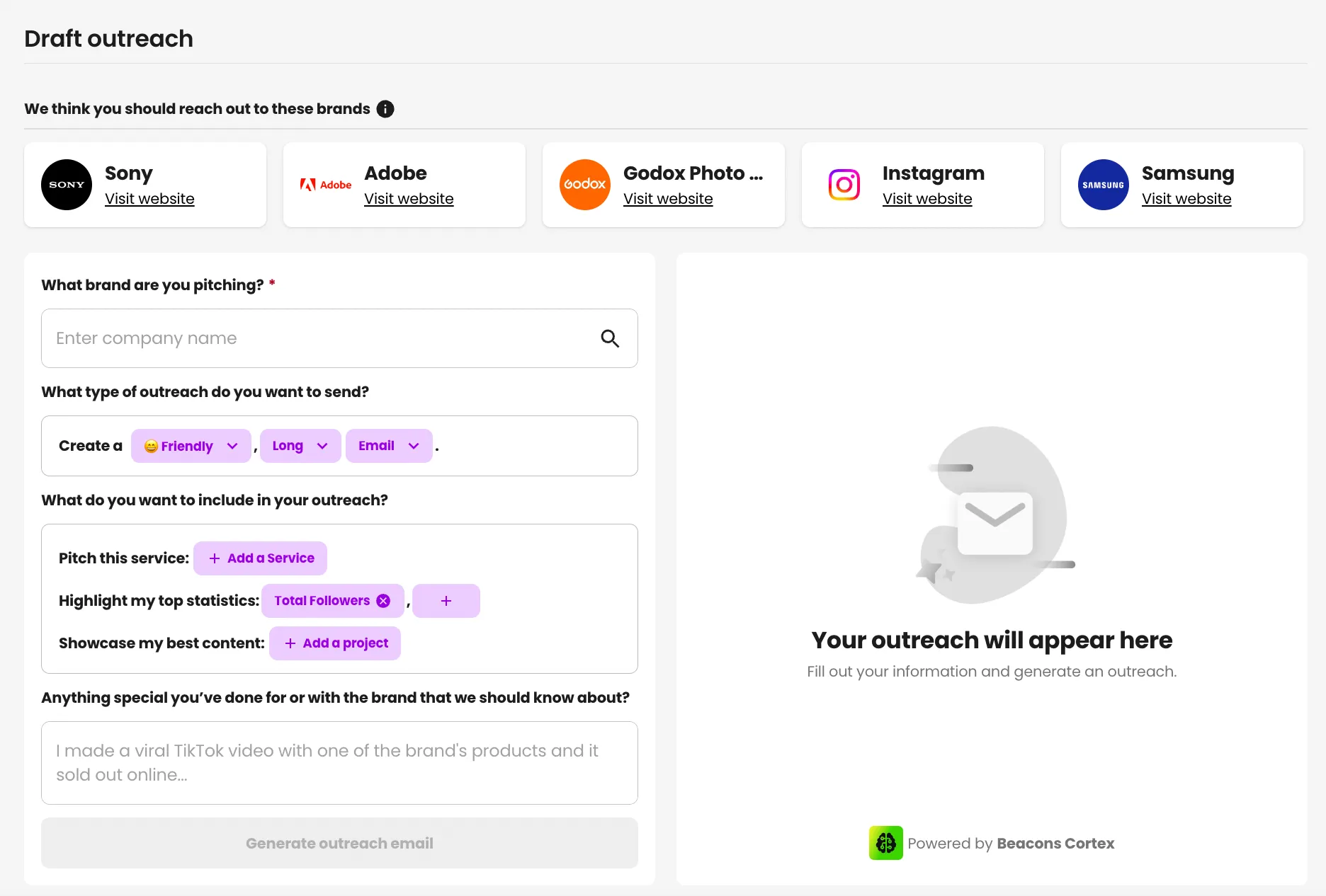 Beacons AI Brand Outreach Tool to reach out about brand deals