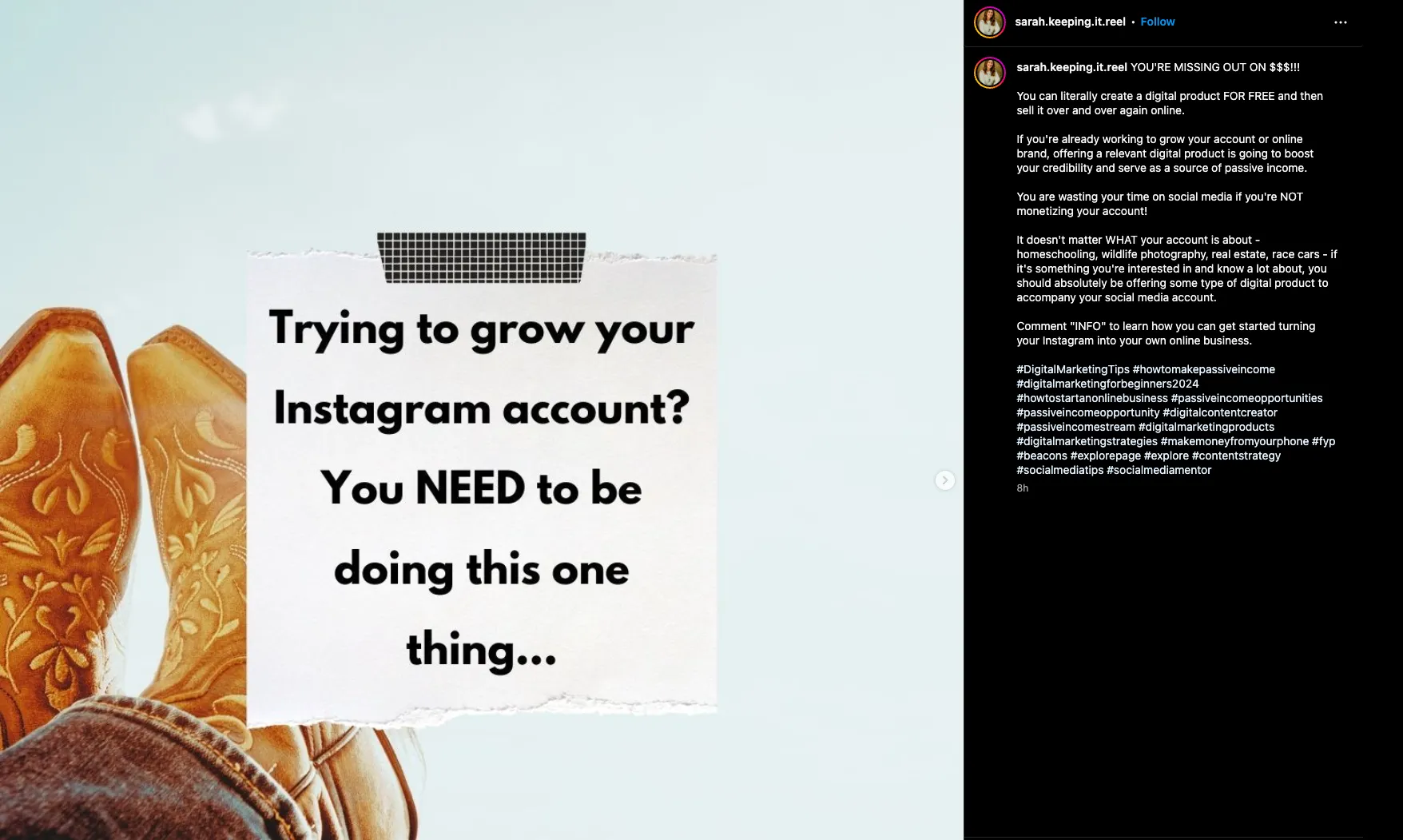 An Instagram post that does a great job of selling an online course with a caption that is relevant to their followers.