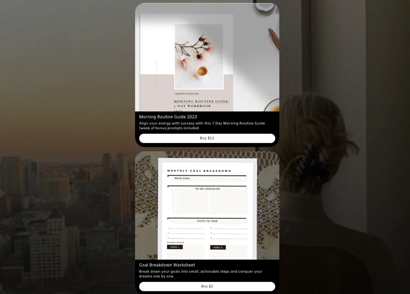 A creator's link in bio with store items that show one example of how to price digital products with tripwire pricing.