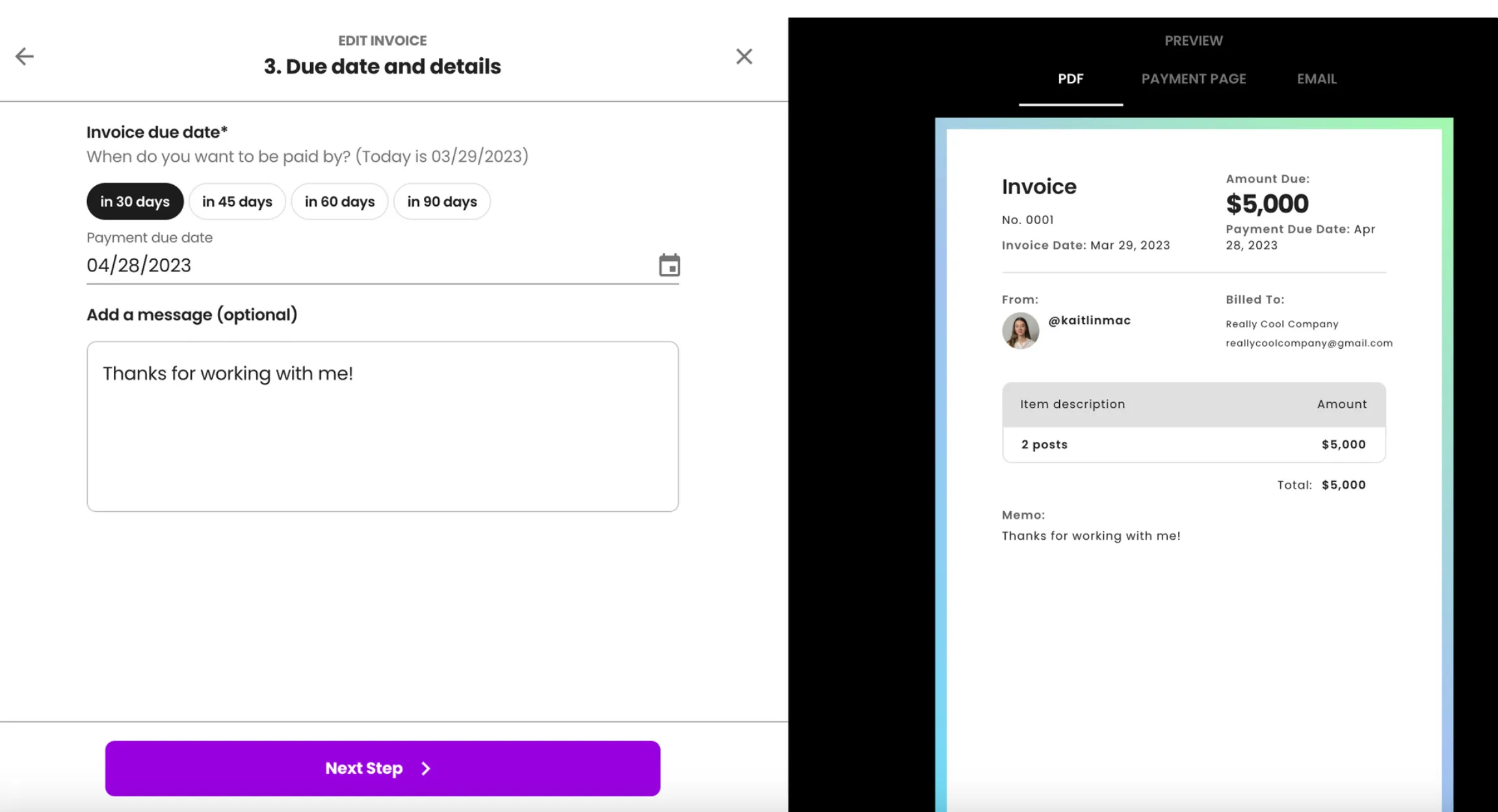 An invoice in Beacons Invoicing tool, which you can automatically add a W-9 to.