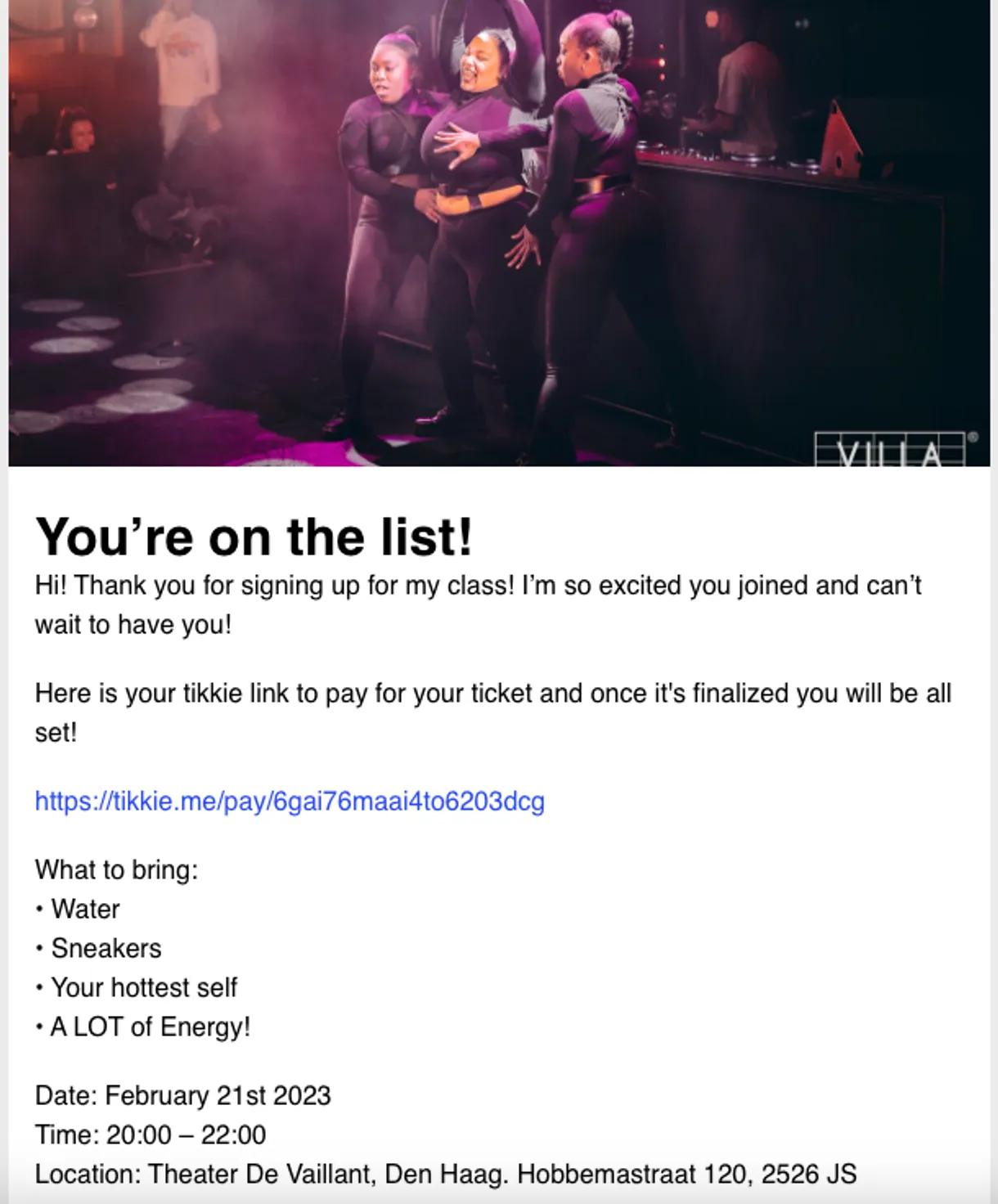 An image of a welcome email with details about an upcoming workout class.