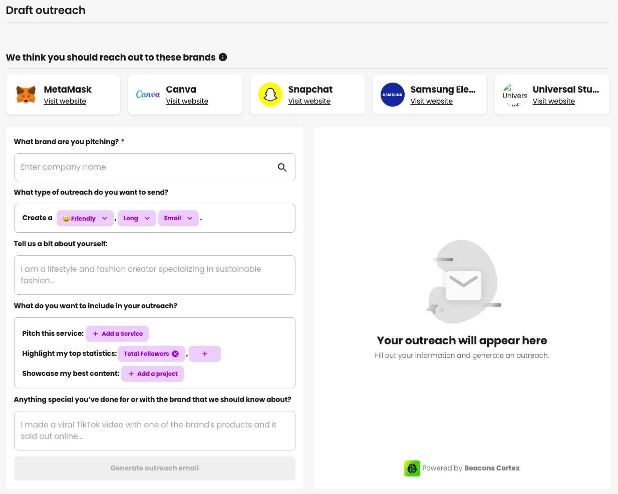 Beacons AI Brand Outreach tool