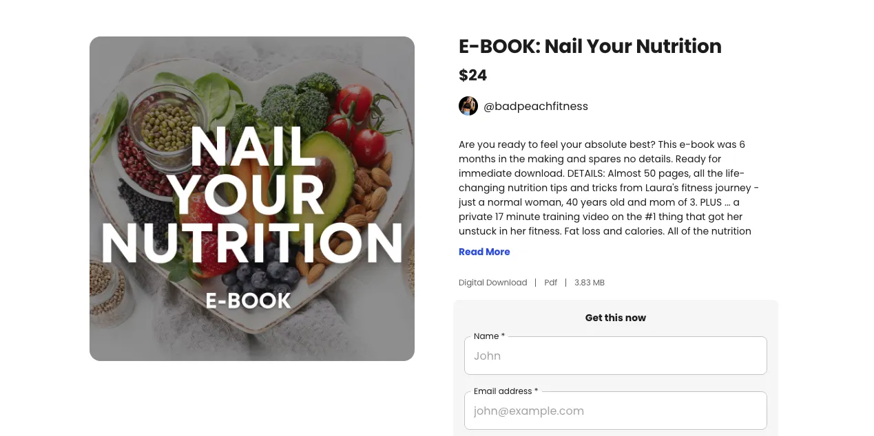 Product page for Nutrition eBook on a Beacons Store