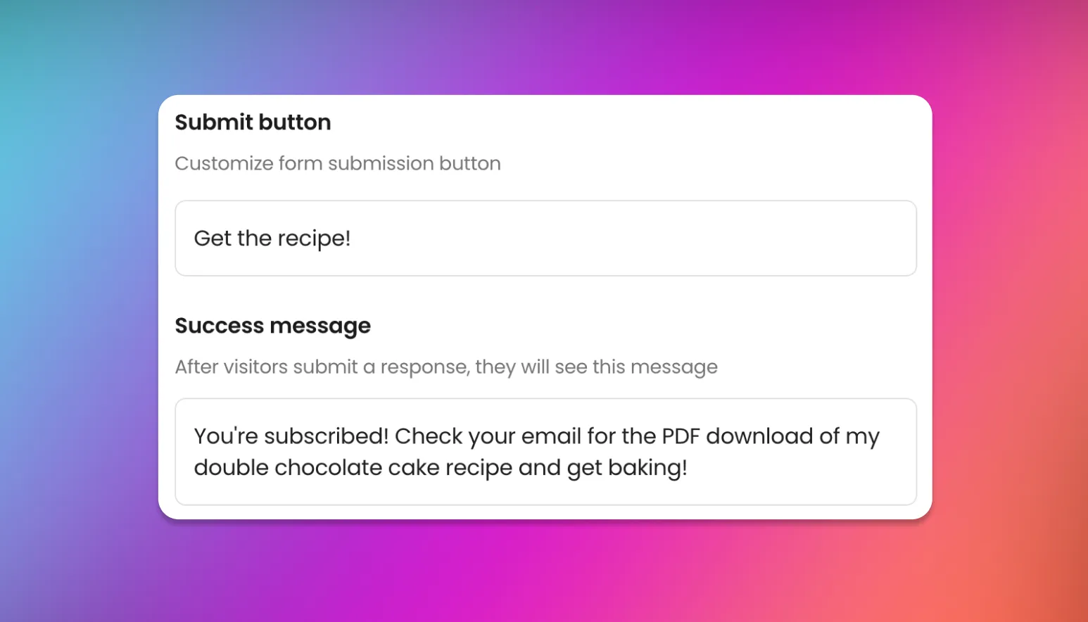 A form to customize text on a lead magnet email submission.