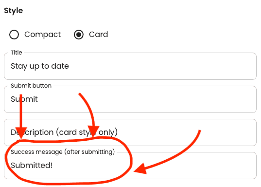 The success message subscribers see after signing up can be edited in your Beacons welcome flow.