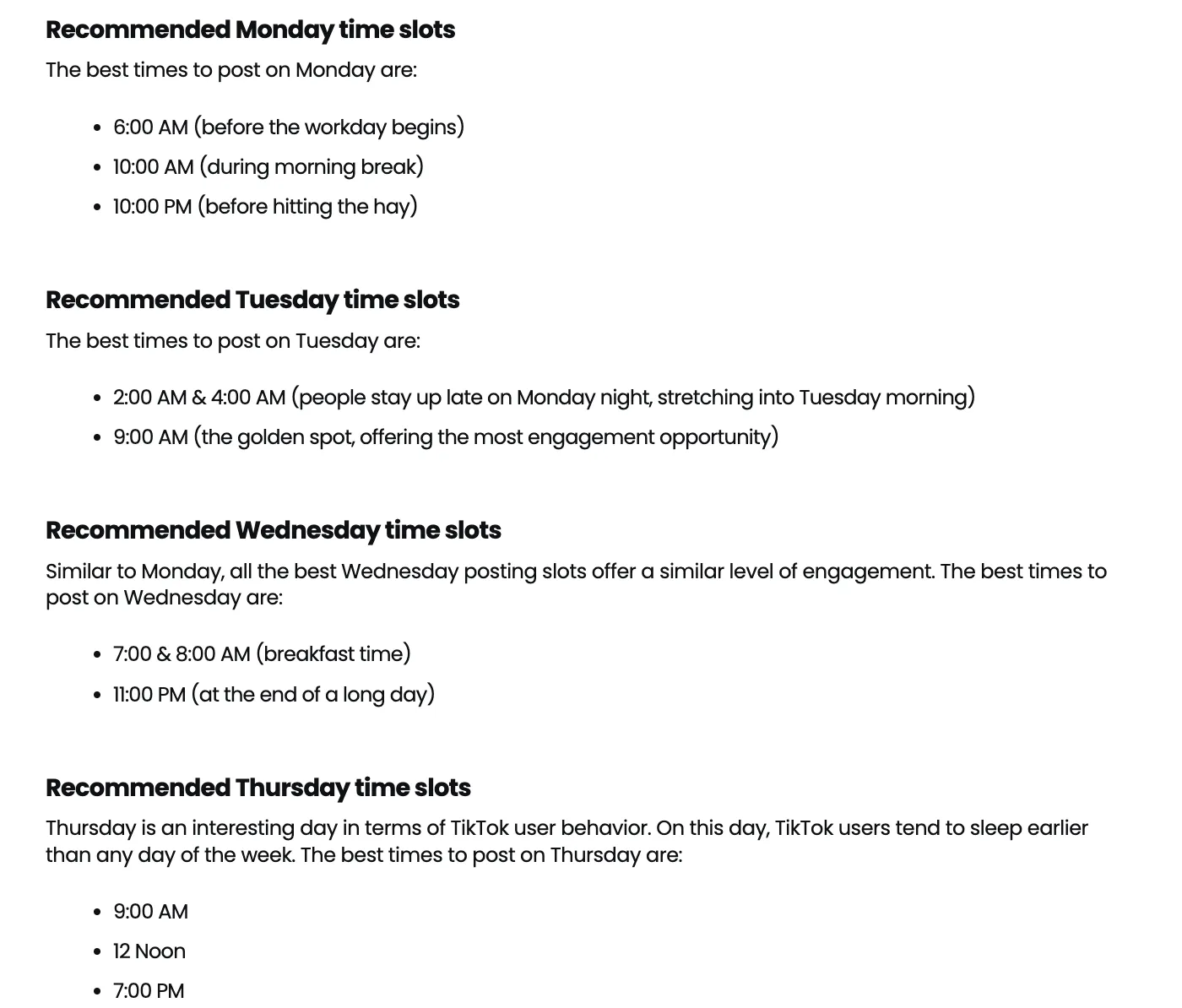 Schedule of the best TikTok posting times