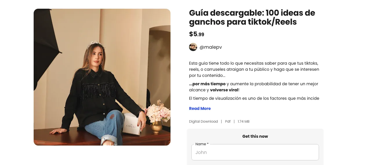 Product page for a content idea list sold on a Beacons Store