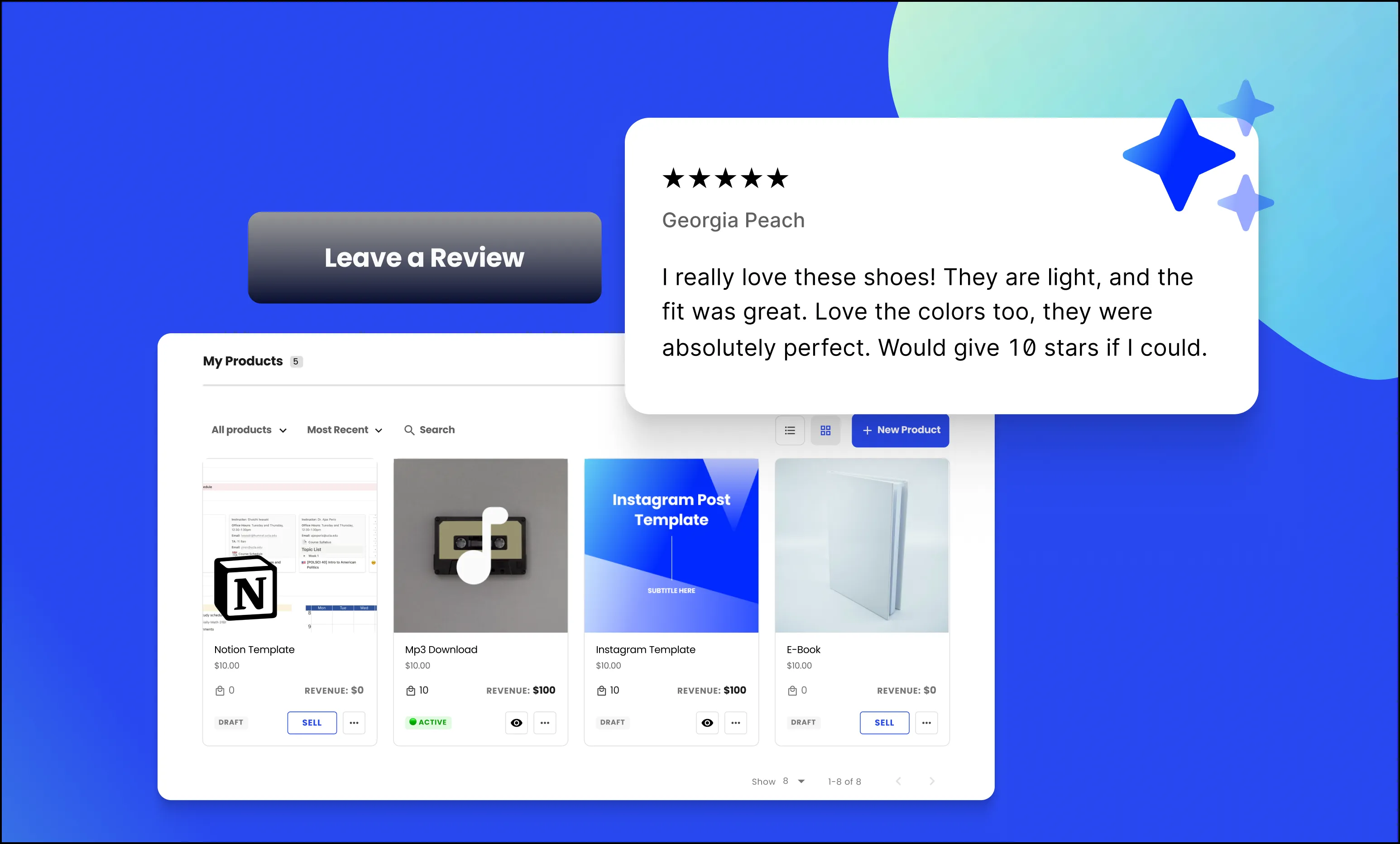 The Beacons Store interface with a user review highlighted.