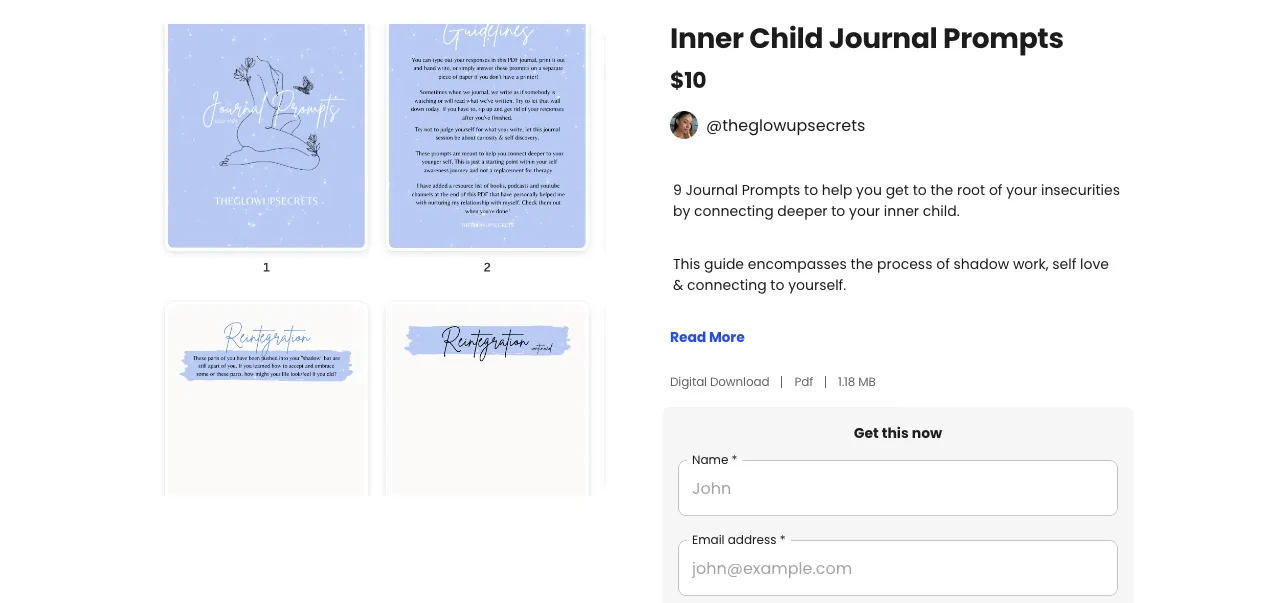 Product page for Inner Child Journal Prompts sold on a Beacons Store