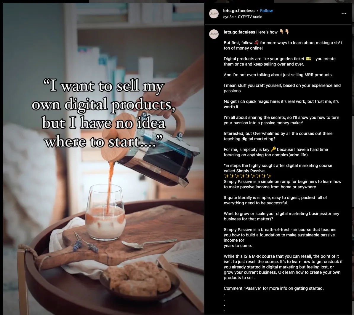 Image of an Instagram post with a caption marketing a creator's online course.