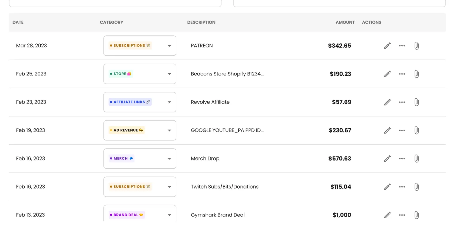 Use an income tracker like Beacons Income Dashboard so when it comes time to file your content creator taxes, you have all of your income from the year recorded in one place.