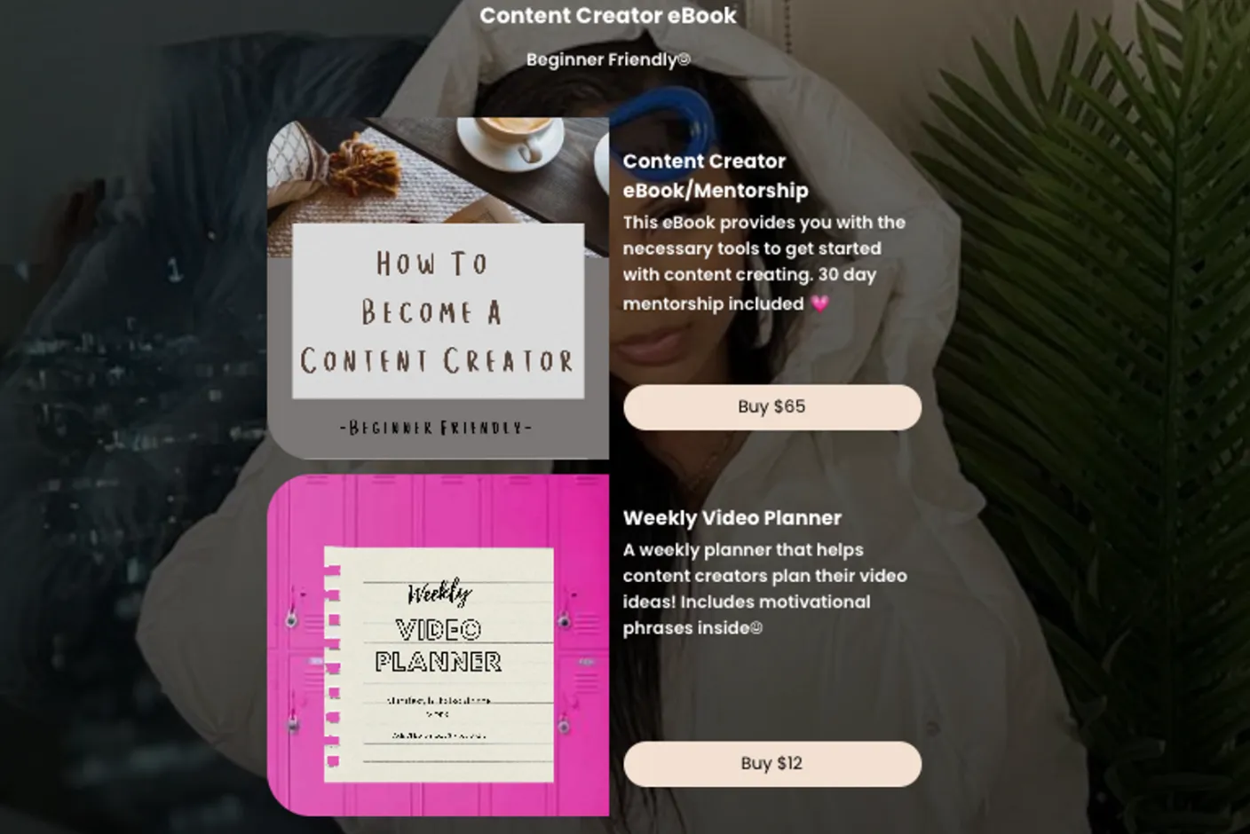 A creator's link in bio with store items that show how to price digital products with value-based pricing.