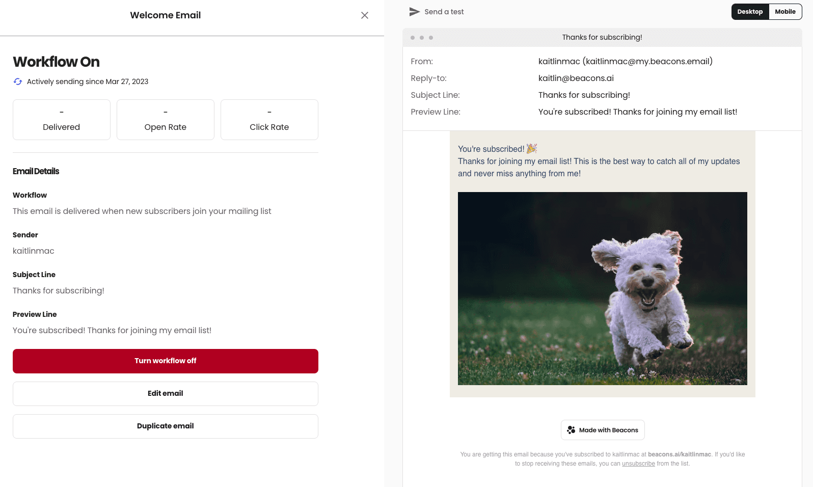 A preview of a welcome email in Beacons Email Marketing tool, where you can send yourself a test email.