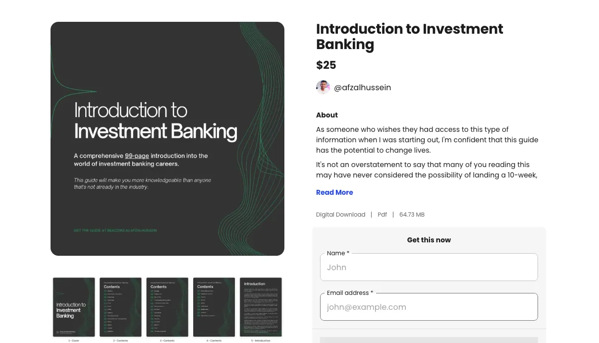 eBook product page on a Beacons Store